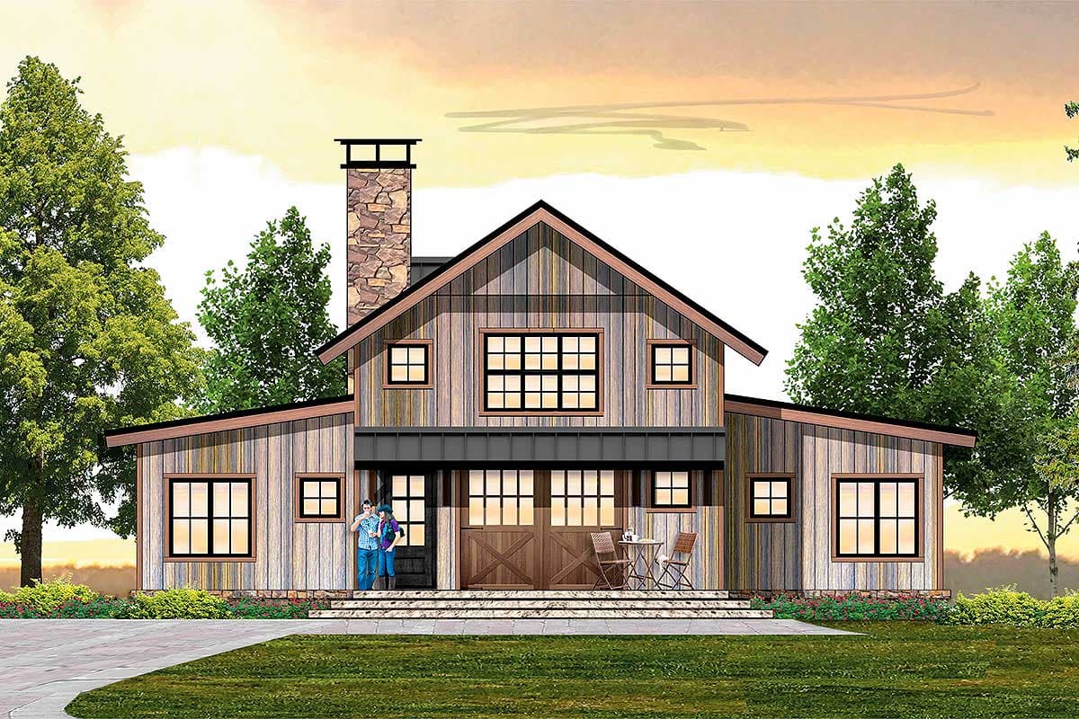 House plan exterior. Two-story Modern Farmhouse with stone chimney, gable roof, and covered porch with sitting area.