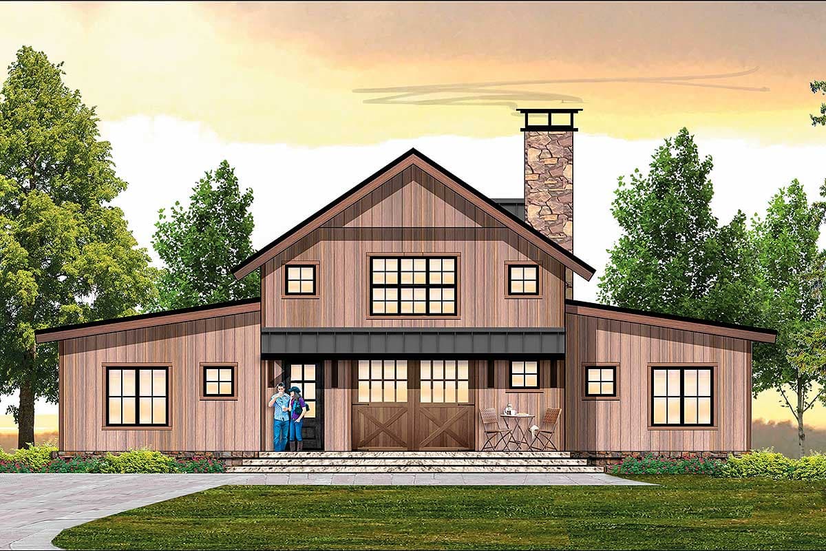 House plan exterior featuring a two-story barn style house with a gable roof, covered porch, and stone chimney.