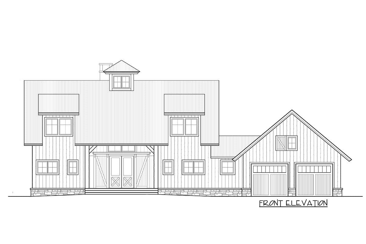 Front elevation house plan: Two-story main structure with dormer, covered entry with double barn doors. Attached two-car garage with gabled roof.