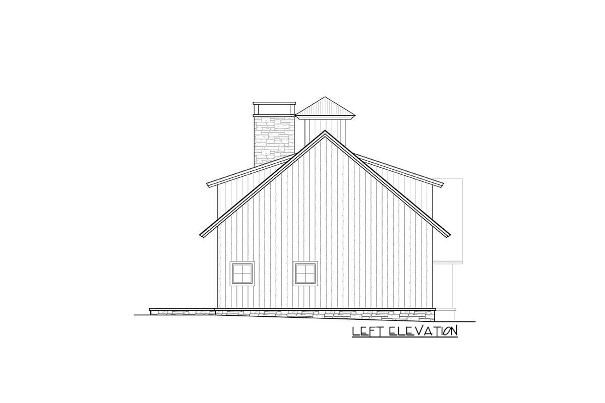 Left elevation house plan drawing shows a pitched roof, stone chimney, and two windows.