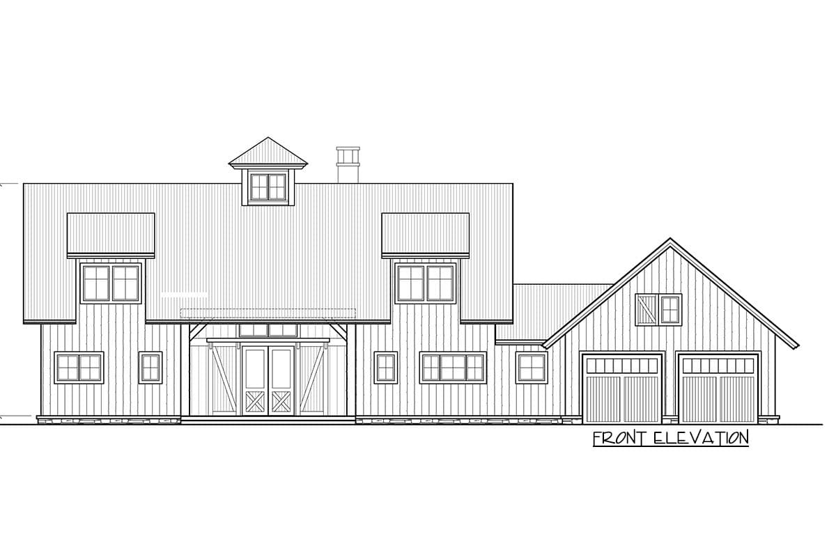 Front elevation house plan with metal roof, dormers, covered entry, and attached two-car garage.
