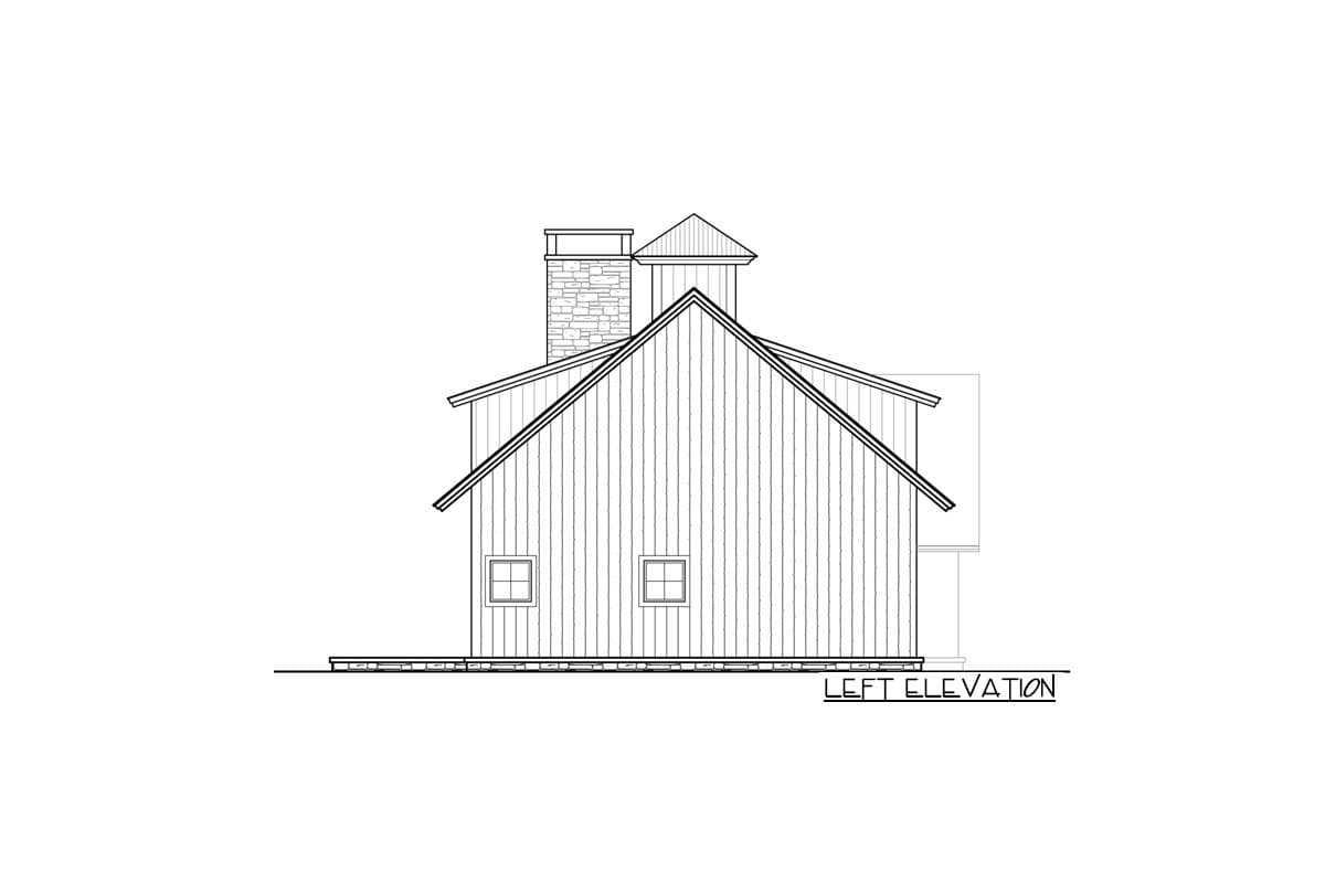 Left elevation house plan with gabled roof, stone chimney, two windows, and siding.