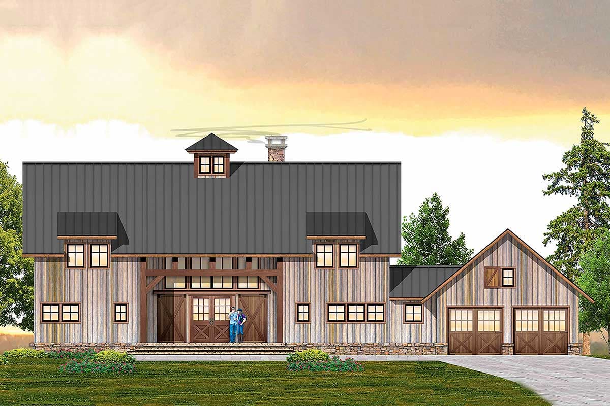 House plan exterior with barn-style architecture. Features include a metal roof, dormers, a covered entryway, and a detached two-car garage.