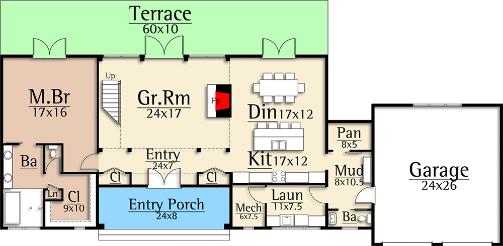 Plan 18880CK: Delightful 3-Bedroom Farmhouse Plan with Main-Floor Master - Floor Plan - Main Level - Barndominium, Country, Farmhouse, Rustic, Southern