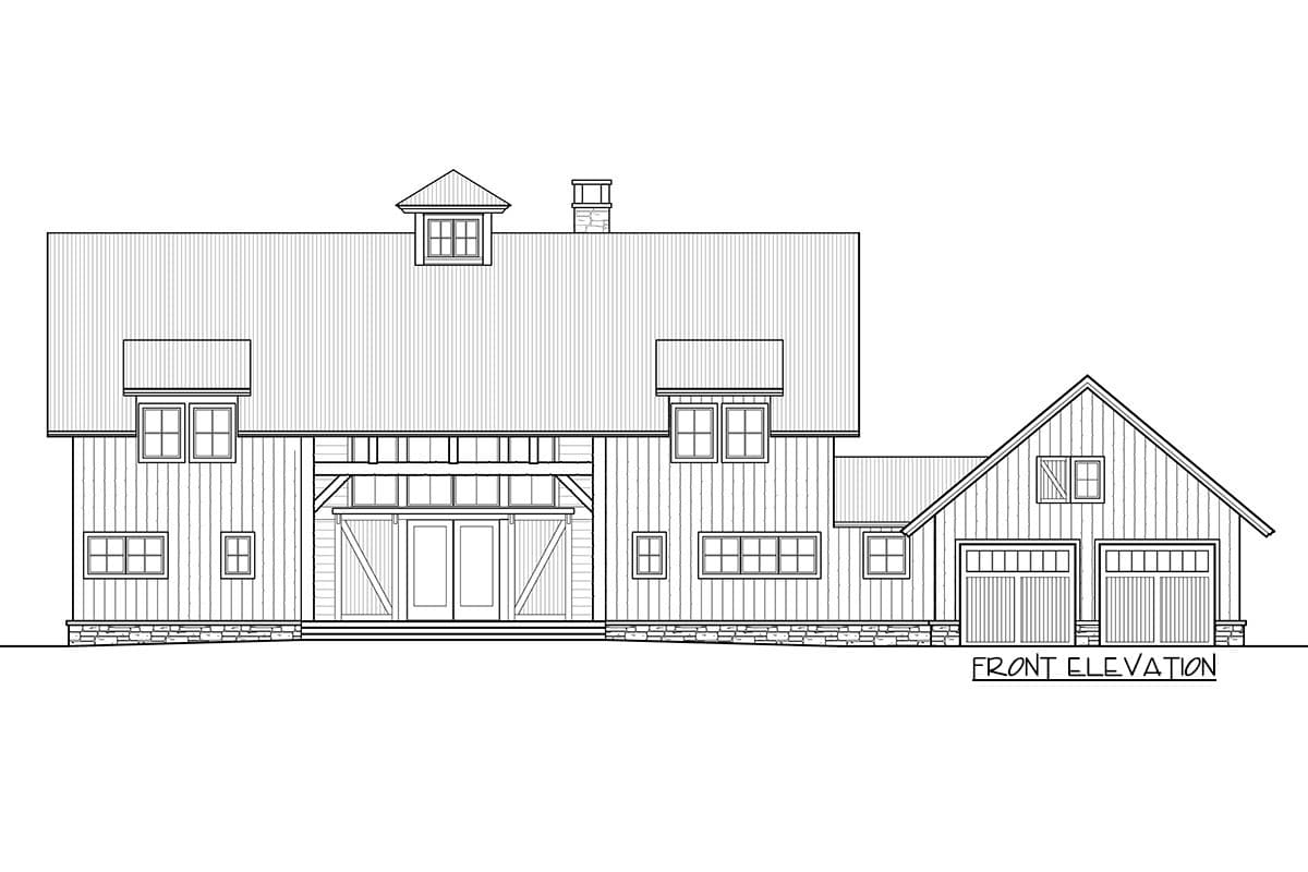 Front elevation of a two-story house plan with a gabled garage, dormers, and large double doors with sliding barn doors.