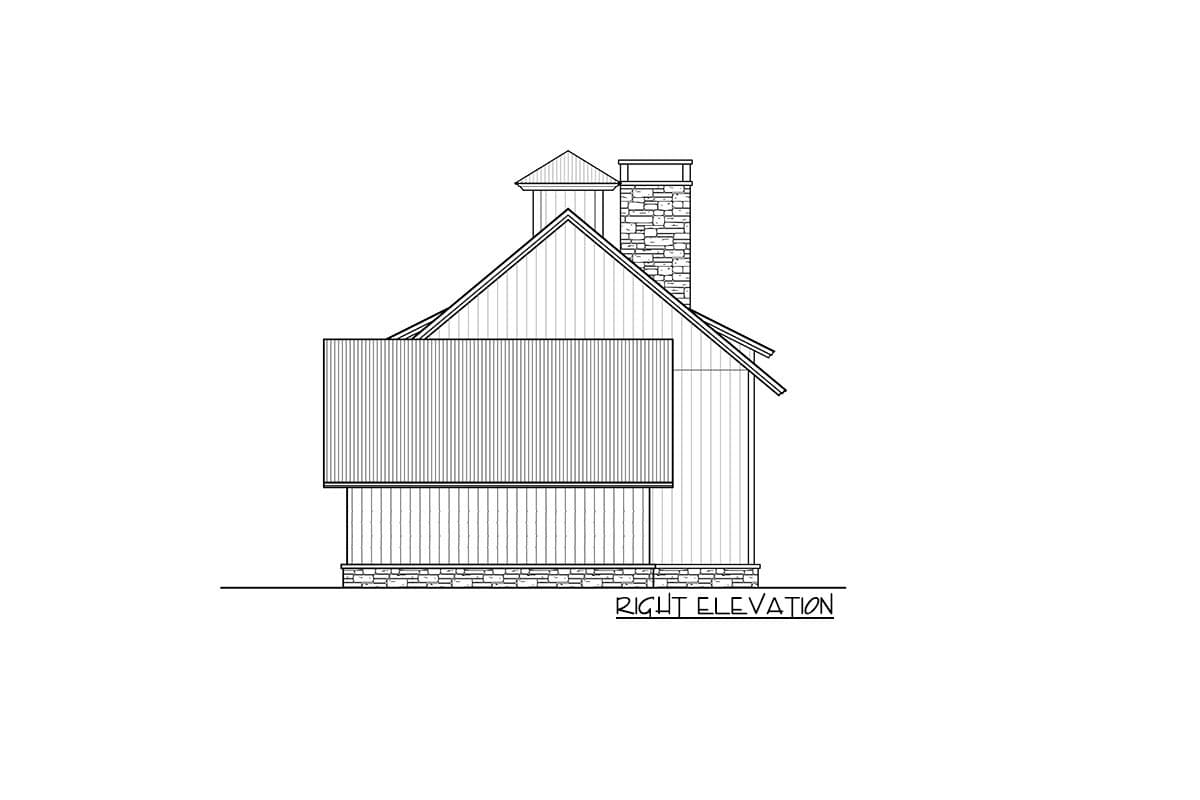 Right elevation drawing of a house plan showing a stone chimney, gabled roof, and two siding types.