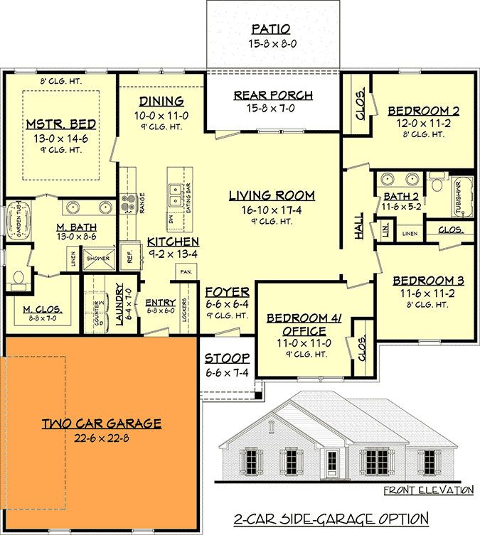 Plan 51787HZ: Affordable 4-Bed Home Plan Offering One-Story Living - 1719 Sq Ft - Floor Plan - 2-Car Side-Garage Option - Ranch, Southern, Traditional