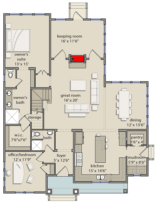 Plan 25408TF: 3-Bed Traditional Cottage with 2-Sided Fireplace and Detached 2-Car Garage - 2589 Sq Ft  - Floor Plan - Main Level - Bungalow, Cottage, Country, New American, Southern, Traditional