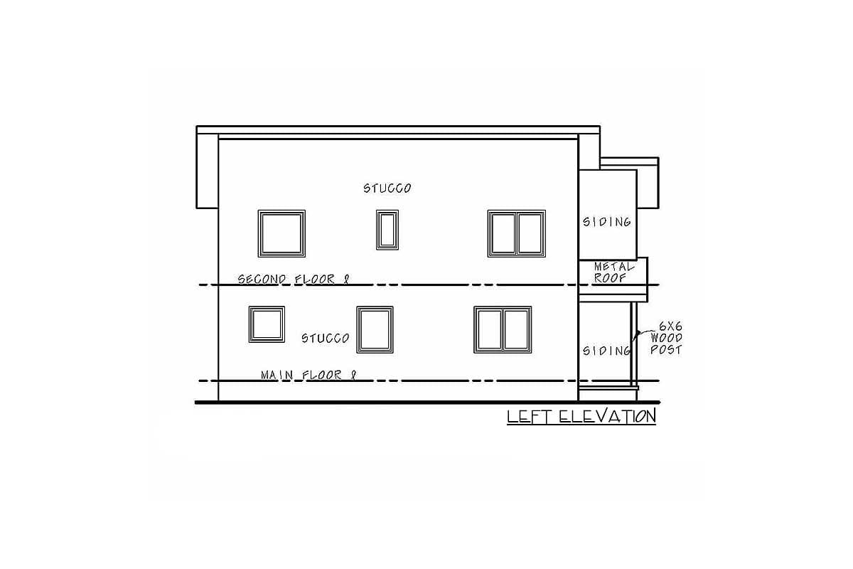 Left elevation house plan drawing shows two stories, stucco exterior, and a metal roof porch with wood posts.