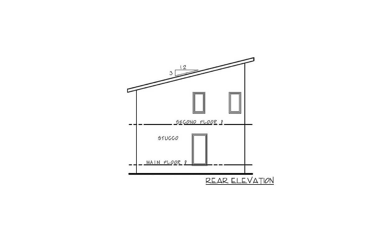 Rear elevation drawing of a two-story house with stucco, a sloped roof, and three windows.