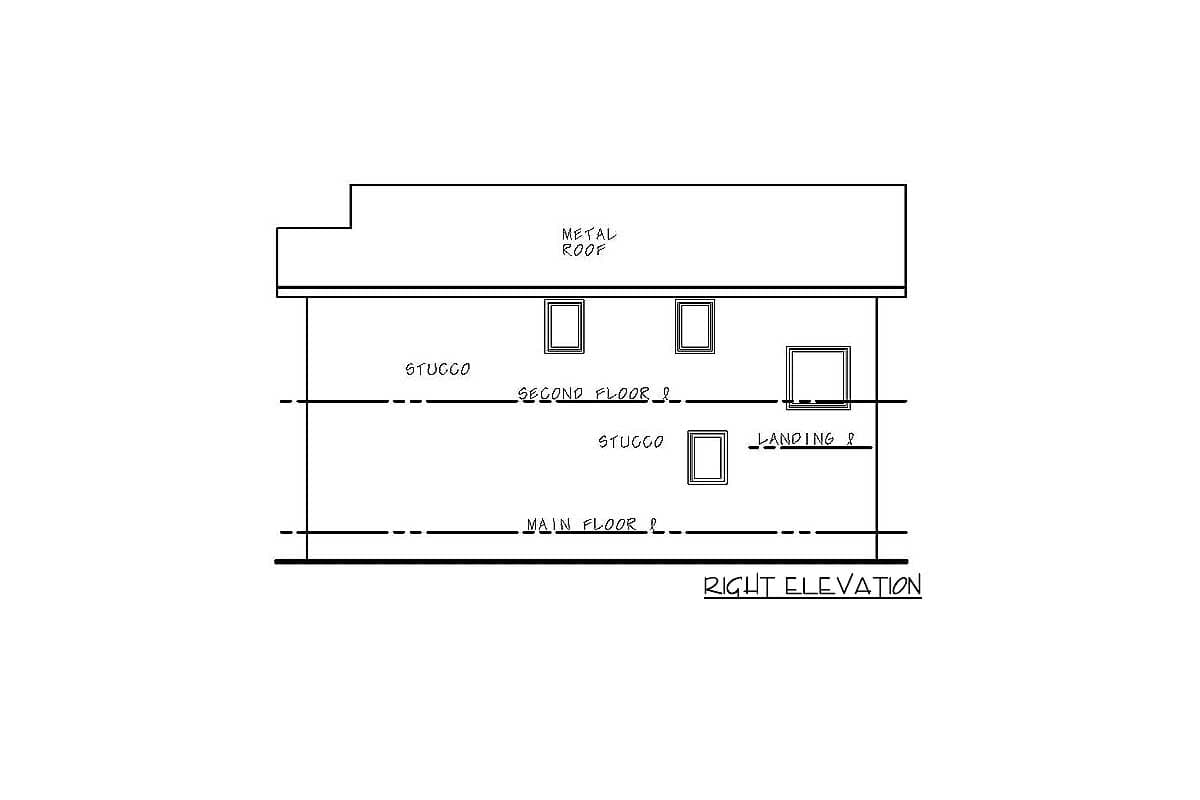 Right elevation drawing of a two-story house plan with stucco exterior, metal roof, and windows on both floors.