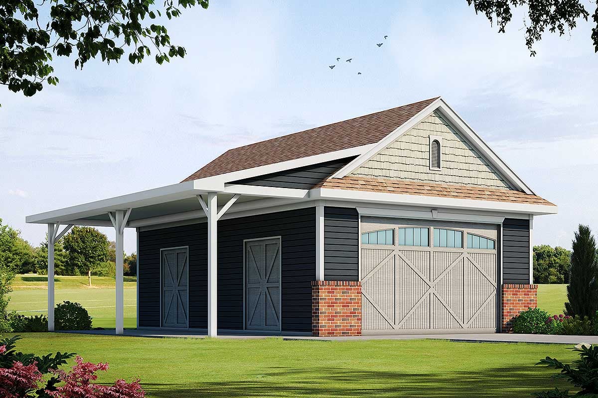 House plan exterior. Two-story structure with gable roof, covered porch, and a garage door with a decorative wood design.