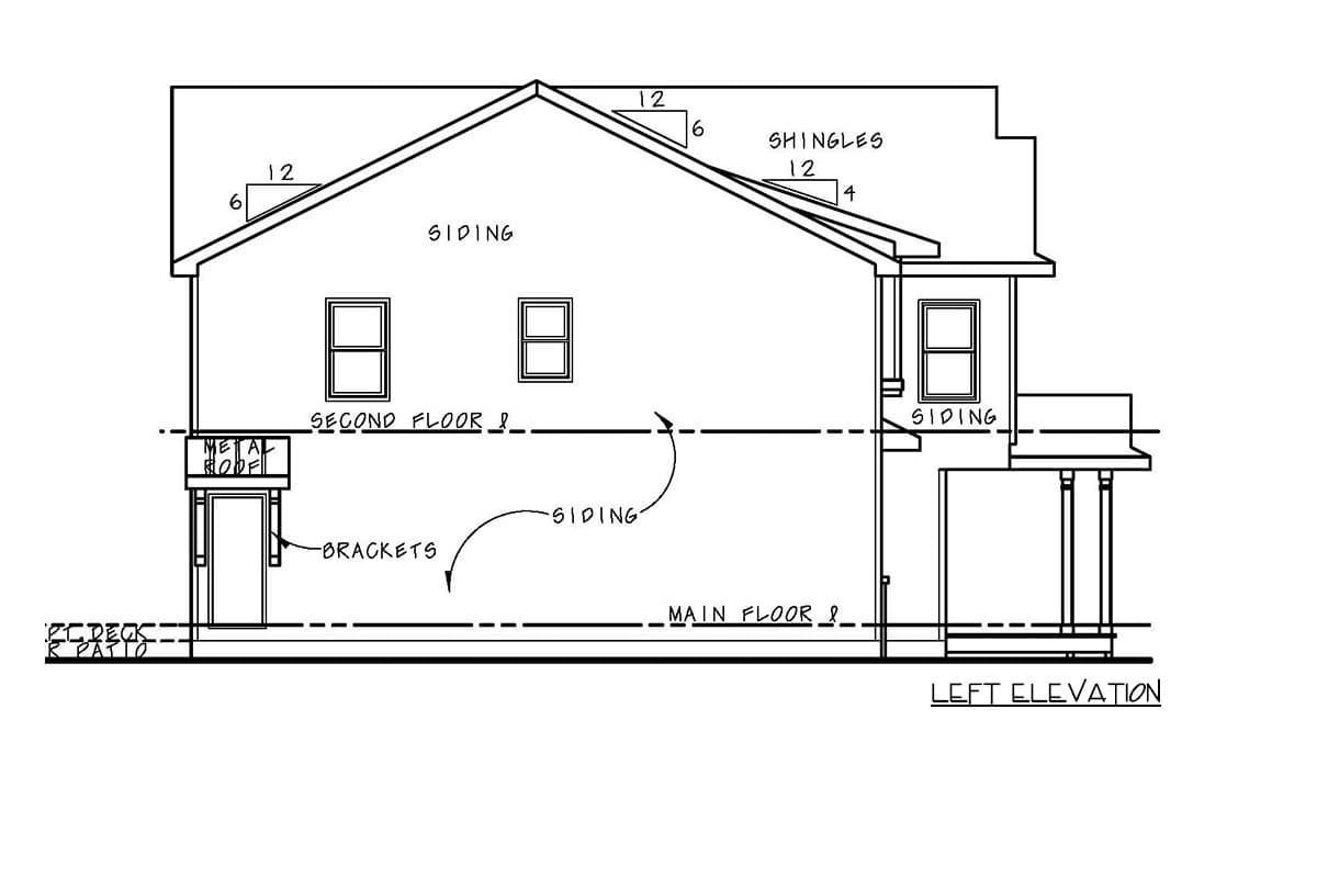 House plan left elevation showing siding, metal roof entry, two windows on second floor, and main floor.