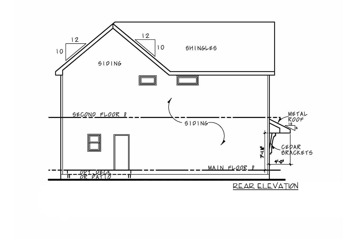 Rear elevation house plan showing two stories, siding, shingles, windows, and a metal roof with cedar brackets.
