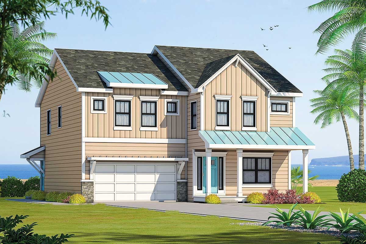 House plan exterior. Two-story home with a gabled roof, garage, and front porch with a shed roof. Windows have black trim and light-colored siding.