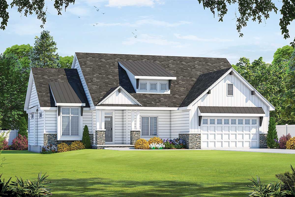 House plan exterior. Modern Farmhouse style with two stories, gabled rooflines, dormers, and a garage with a black awning.