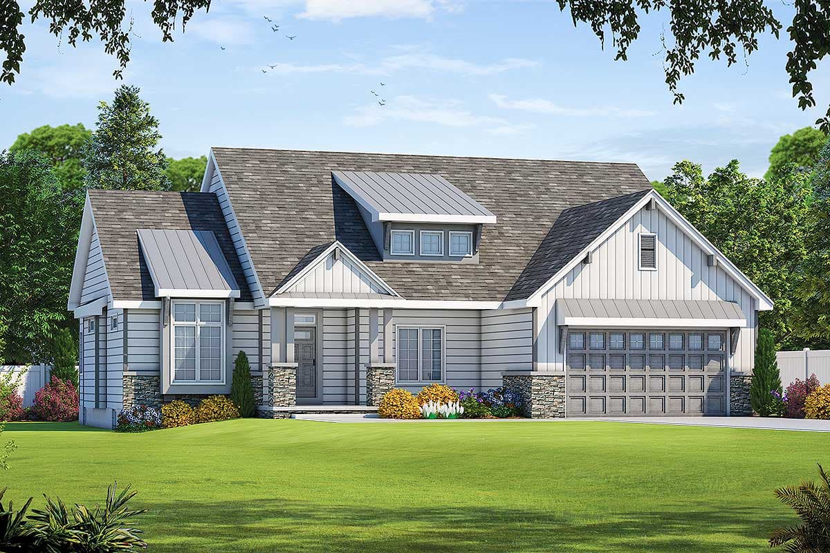 House plan exterior: Modern Farmhouse style, one story, with a covered entry, dormer, and attached two-car garage.