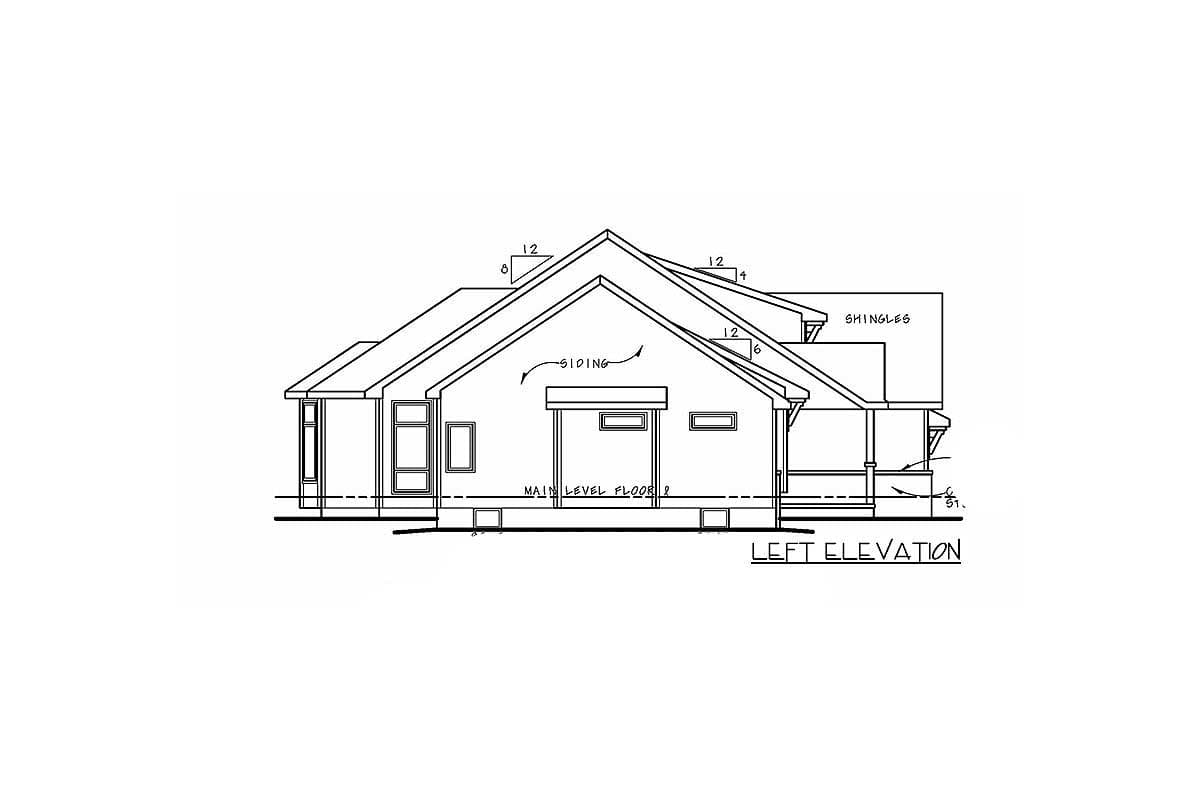 Left elevation house plan with siding, multiple gables, and porch.