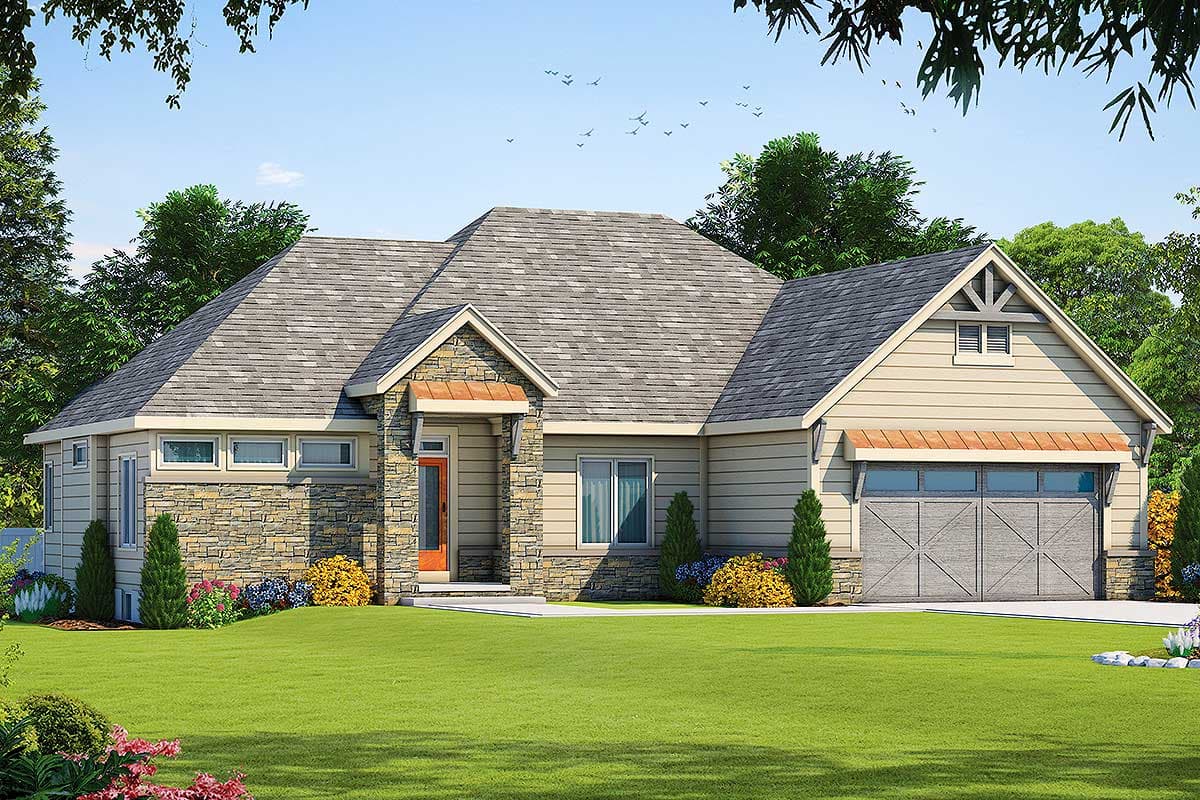 House plan exterior. Ranch-style home with stone facade, multiple gables, and a front-facing garage with decorative brackets.