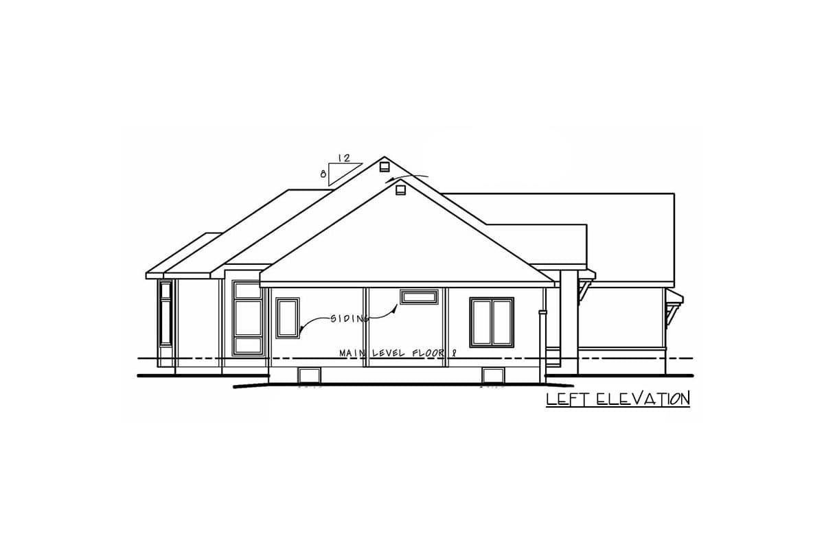 Architectural house plan, left elevation showing a single-story home with varied rooflines, dormers, and a covered porch.