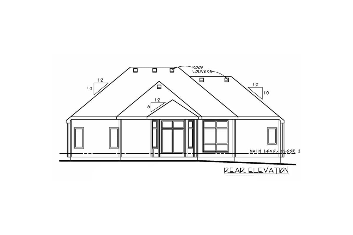 Rear elevation house plan with multiple gables, a covered entry, and roof louvers.