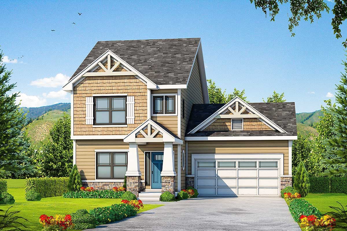 House plan exterior featuring Craftsman style, two stories, gable roof, and a front-entry porch. Attached garage with gabled roof visible.