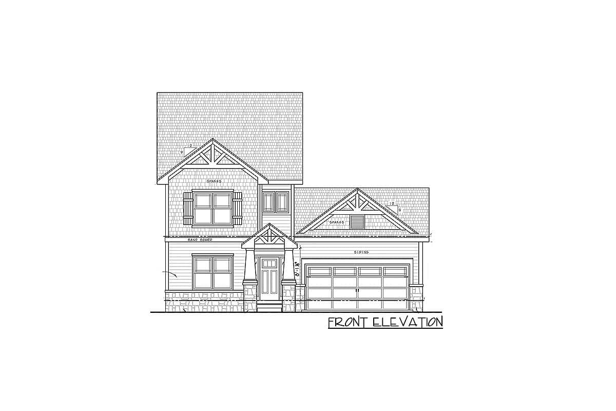 Front elevation drawing of a two-story house with a covered entry, gabled dormers, and a three-car garage.