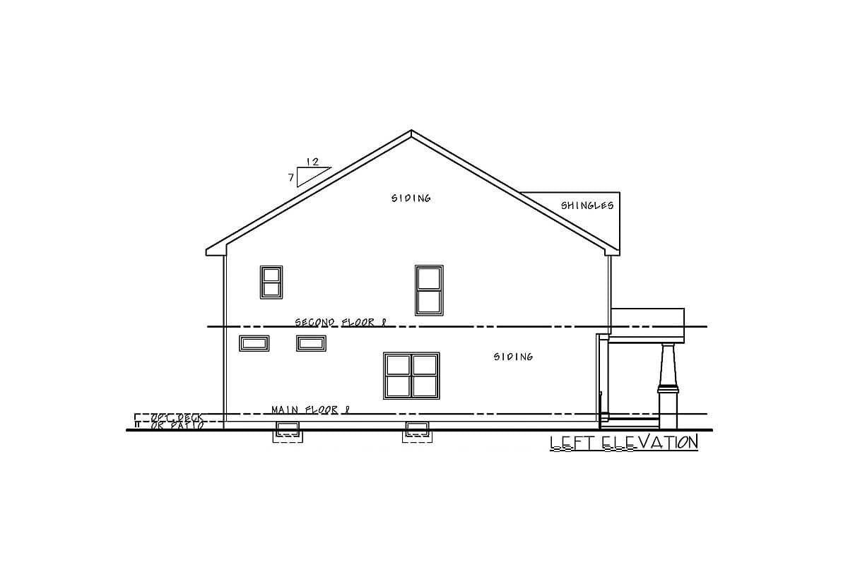 Left elevation drawing of a house plan showing two stories, siding, shingles, and an optional deck or patio.