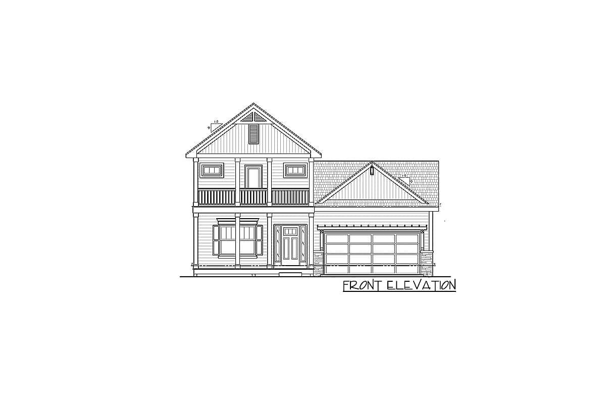 Front elevation drawing of a two-story house plan with a covered front porch, double garage, and prominent gables.