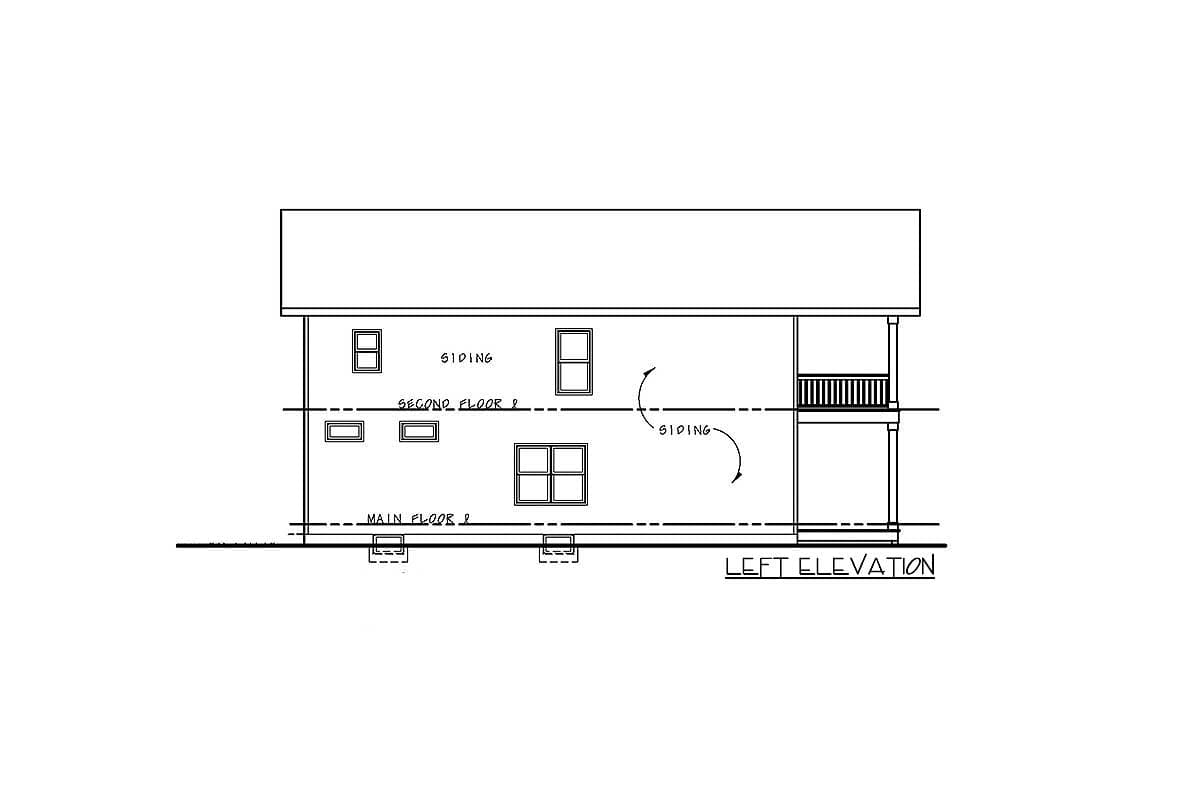 Left elevation drawing of a two-story house plan showing windows and siding details.
