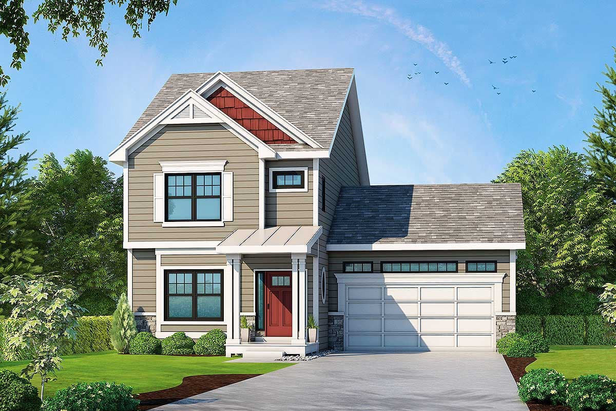 House plan exterior with Craftsman style. Two-story home with gables, a covered entry porch, and a side-entry garage.