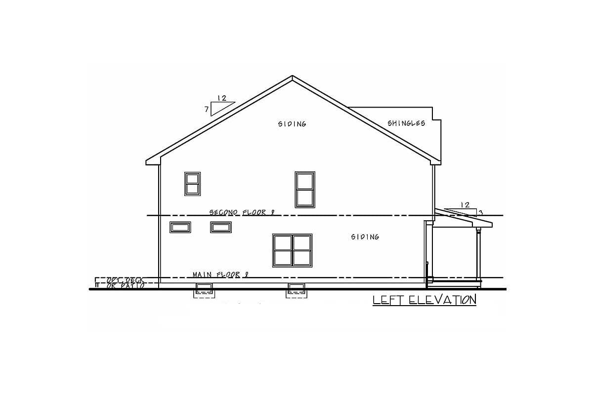 Left elevation drawing of a two-story house plan featuring gabled roof, siding, and a covered porch.