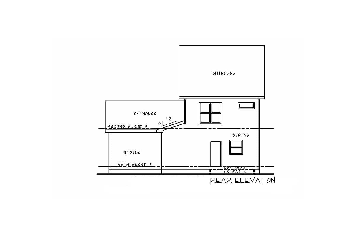 Rear elevation drawing of a house with siding, shingles, a second floor, and option for deck or patio.