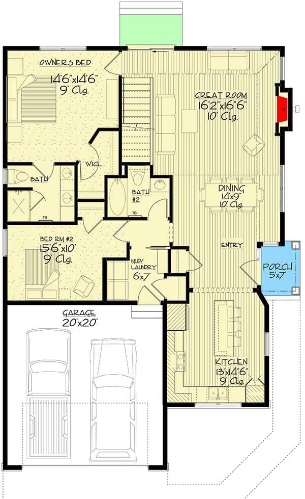 Plan 73384HS: Exclusive Modestly-Sized Craftsman Home Plan with Innovative Front Door - Floor Plan - Main Level - Craftsman, New American, Northwest