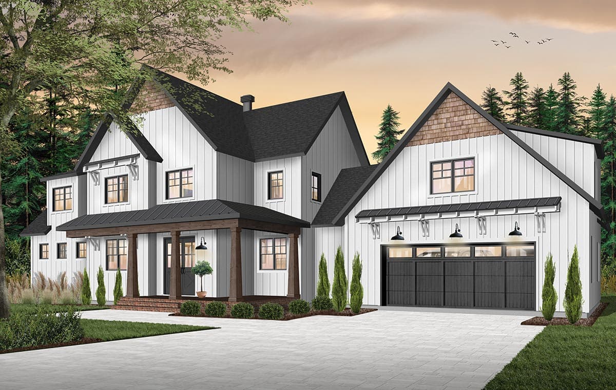 Two-story Modern Farmhouse exterior with a front porch, multiple gables, and a detached garage with a dark garage door.