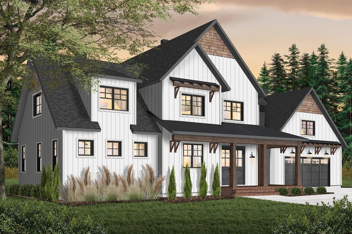 Modern Farmhouse style house plan exterior with two stories, white board and batten siding, gables, and a covered front porch.