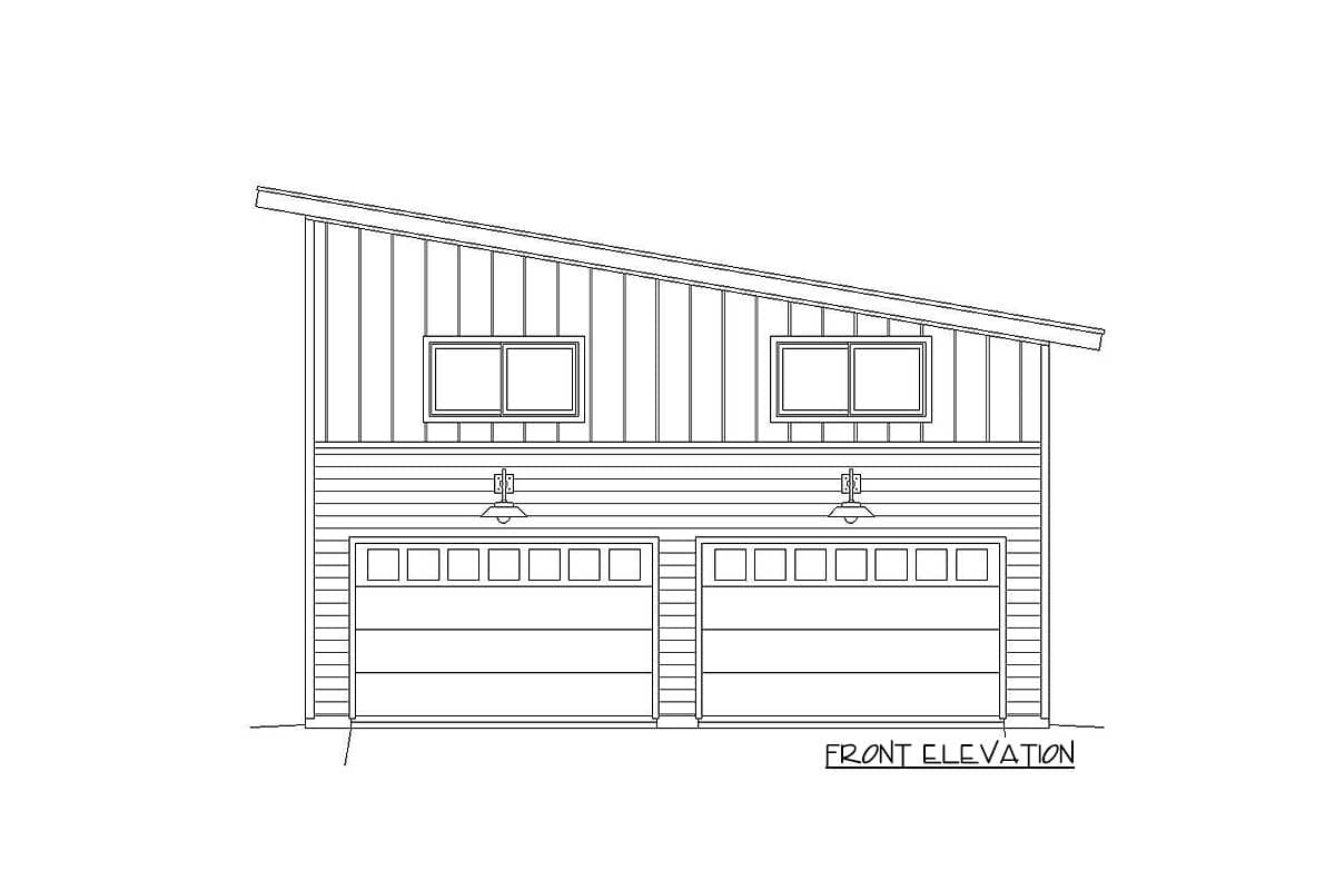 Front elevation drawing of a two-car garage with a sloped roofline, two windows above two garage doors, and exterior lighting.