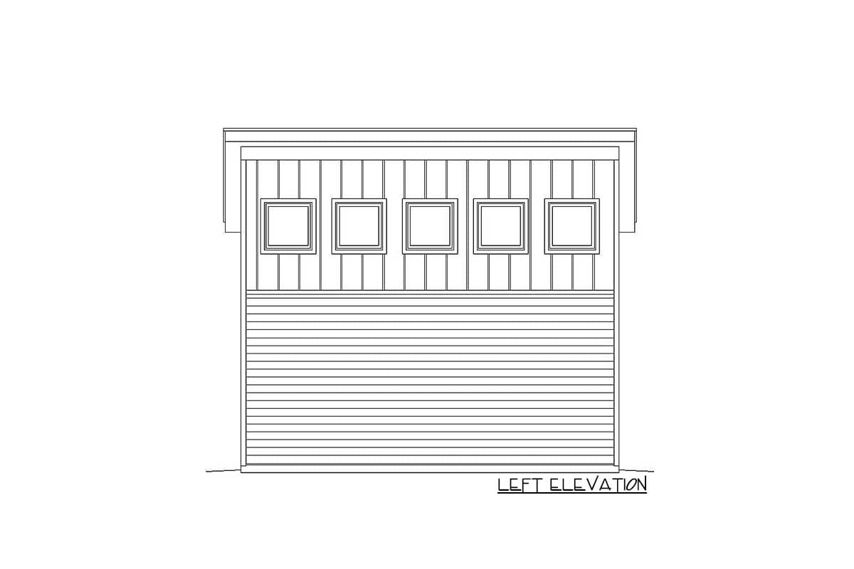 Left elevation drawing of a house plan featuring horizontal siding and five square windows.