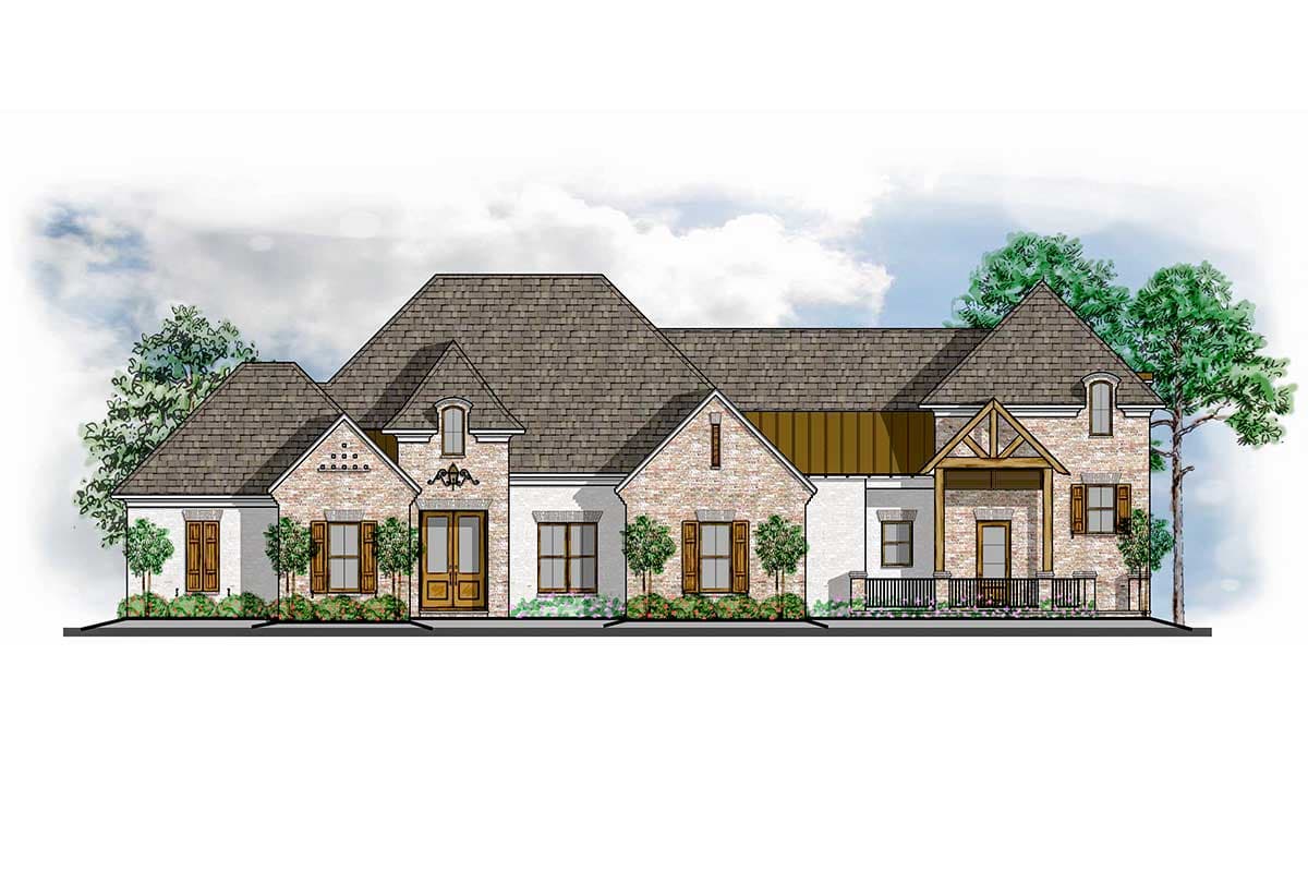 House plan exterior with a mix of brick and white stucco, multiple gables, dormers, and a covered porch.