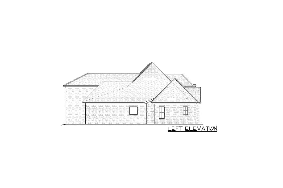 Left elevation drawing of a one-story house plan with gabled rooflines and brick pattern.