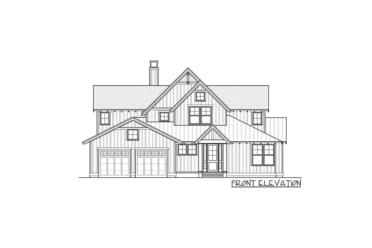 Front elevation of a two-story house plan featuring a prominent gable, dormers, a covered porch, and a three-car garage.