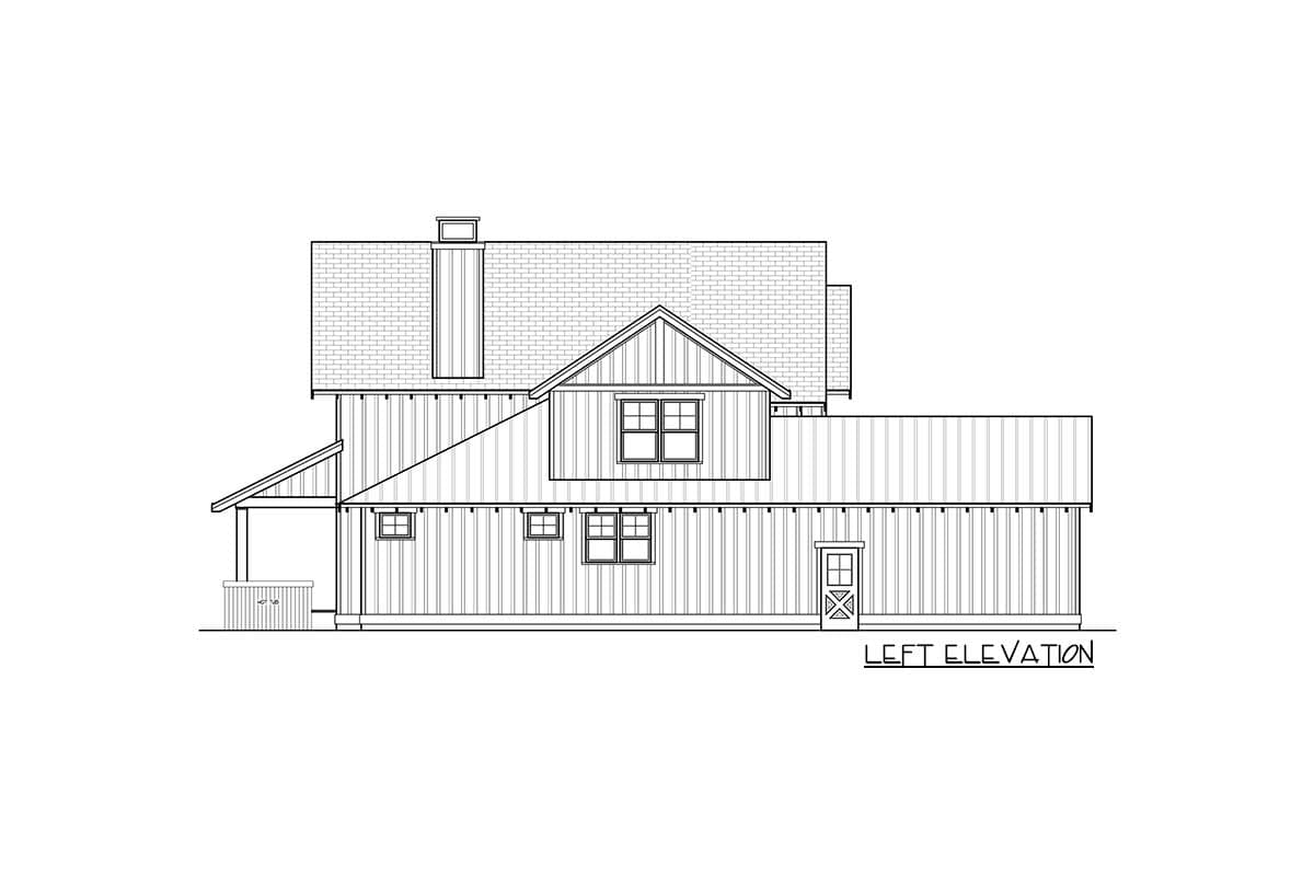 Left elevation drawing of a two-story house plan with a prominent gable dormer, chimney, and covered porch.