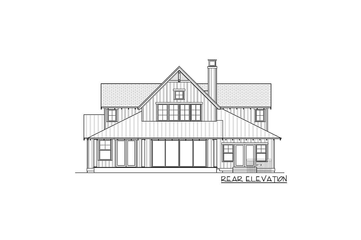 Rear elevation drawing of a modern farmhouse house plan with a prominent gable, chimney, and large sliding glass doors.
