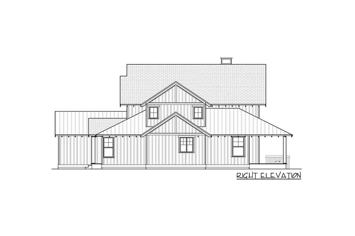 Right elevation house plan with multiple gables, dormers, and a covered porch.