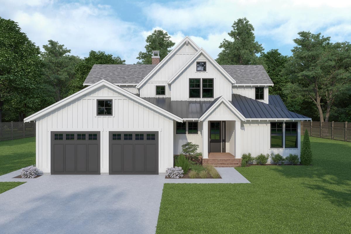 House plan exterior. Two-story Modern Farmhouse with gables, a covered porch, and a two-car garage. Features board and batten siding.