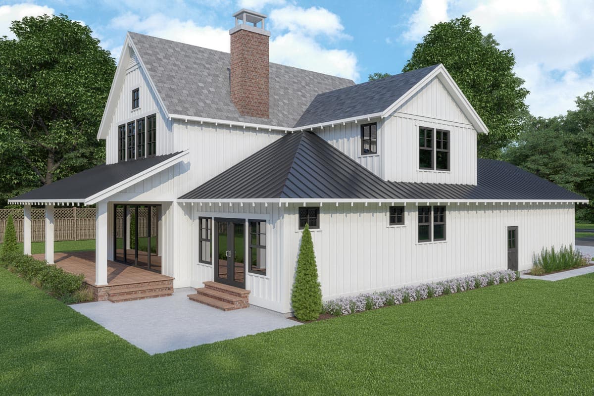 Modern Farmhouse house plan exterior with white siding, a covered porch, brick chimney, and dark metal roof.