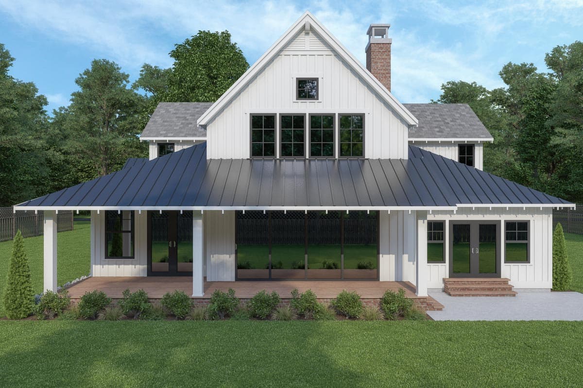 Modern Farmhouse house plan exterior with a prominent gable, standing seam metal roof, and a wraparound porch with columns.