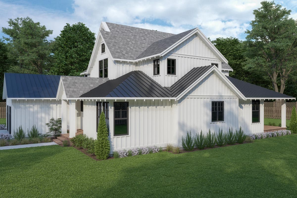 House plan exterior: Modern Farmhouse style, two stories, white board-and-batten siding, metal roof, gables, dormer, covered porch.