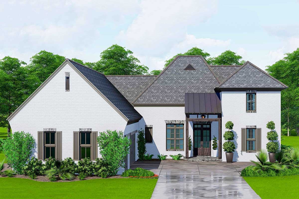House plan exterior. Two-story, brick facade, with a covered entry, gabled roof, and attached garage. Includes shutters and dormer.