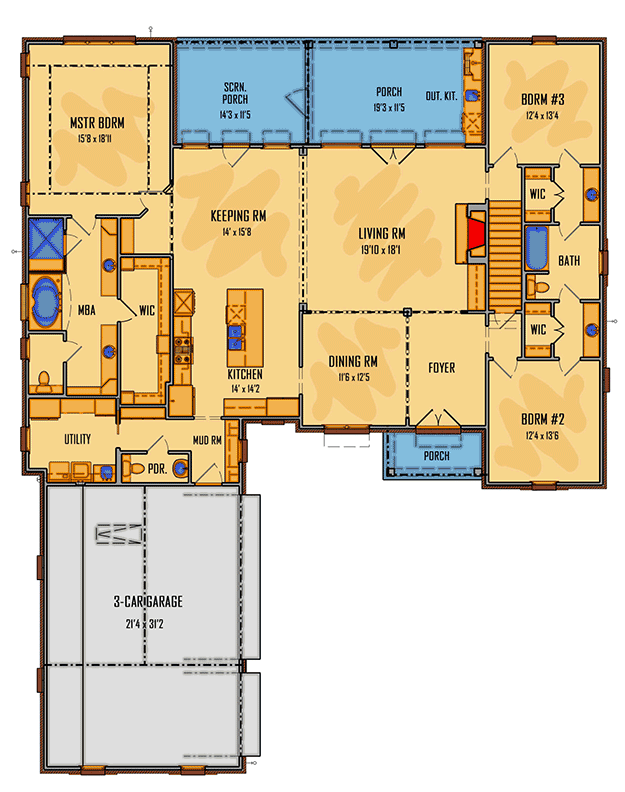 Plan 510053WDY: 4-Bed French Country House Plan with Keeping Room - Floor Plan - Main Level - Acadian, European, French Country, Louisiana-Style, Southern